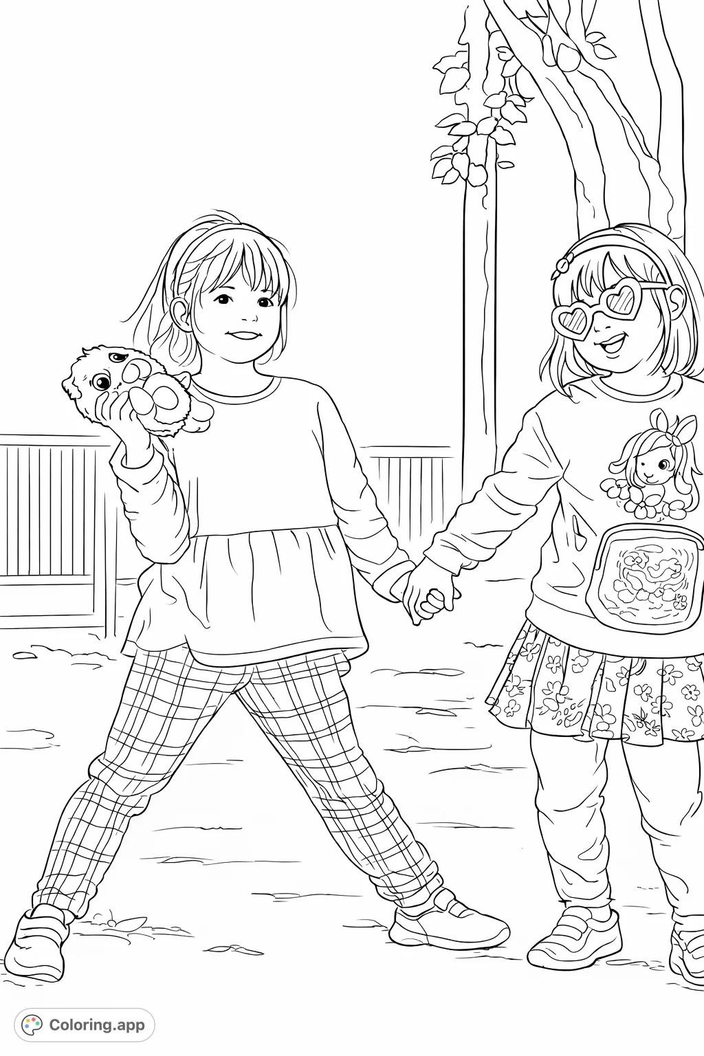 Capture the playful spirit of two smiling girls holding hands, featuring detailed outfits, a fun plush toy, and a charming outdoor setting.