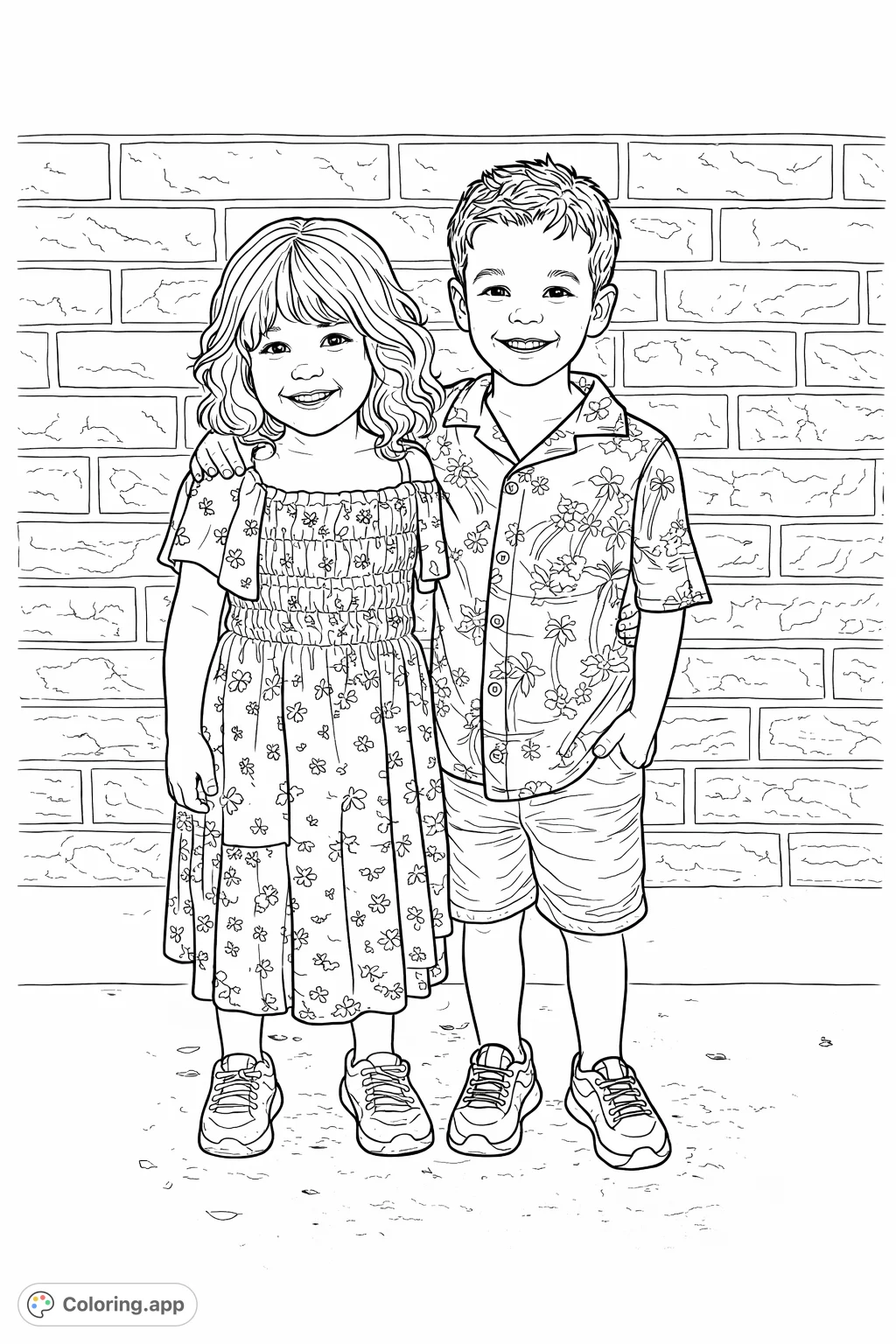 A heartwarming free printable coloring page featuring two smiling children, a girl in a floral dress and a boy in a tropical shirt, standing together against a brick wall. Perfect for families.