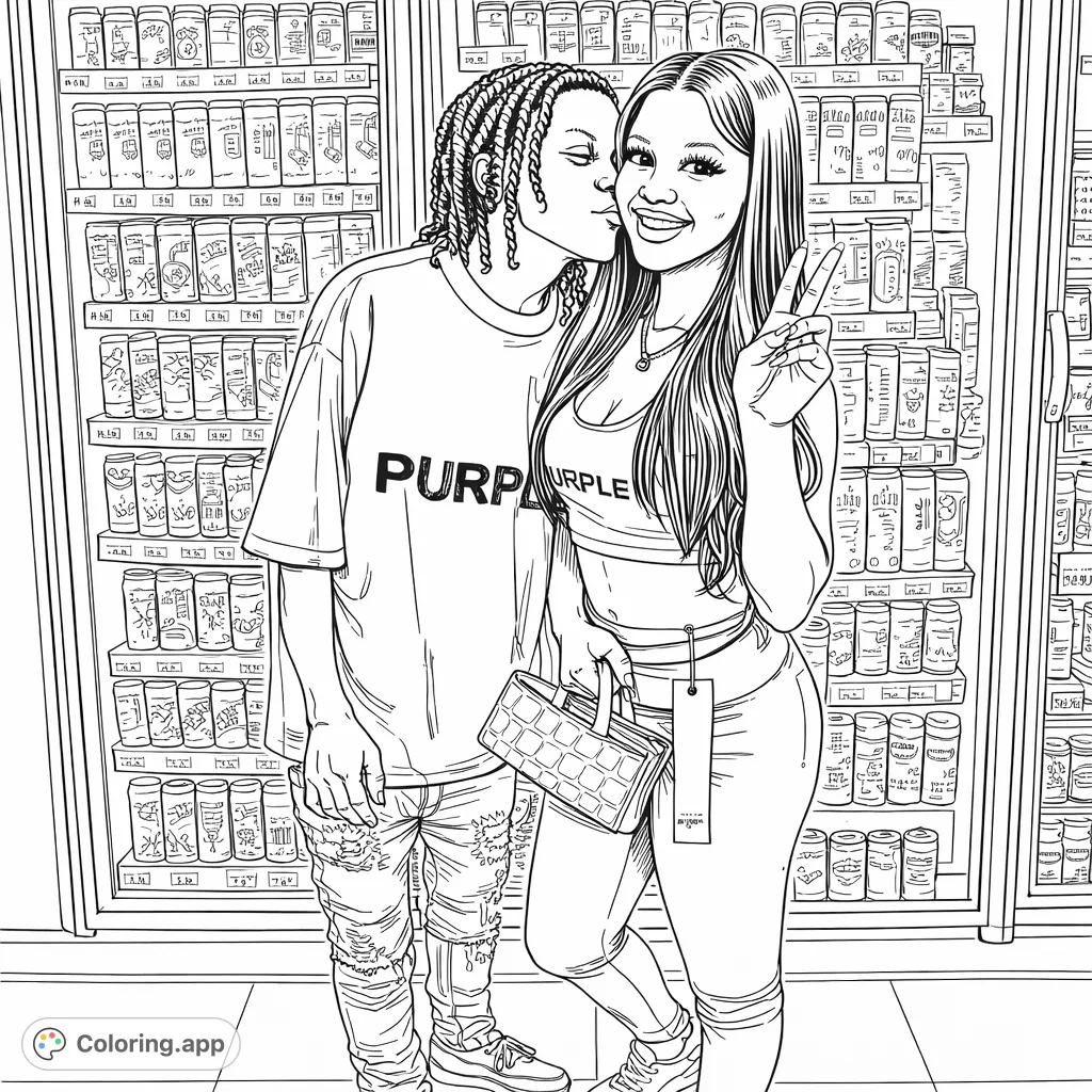Capture a contemporary scene of a couple posing in a store aisle. Features detailed clothing, accessories, and a background of beverage-filled display cases.