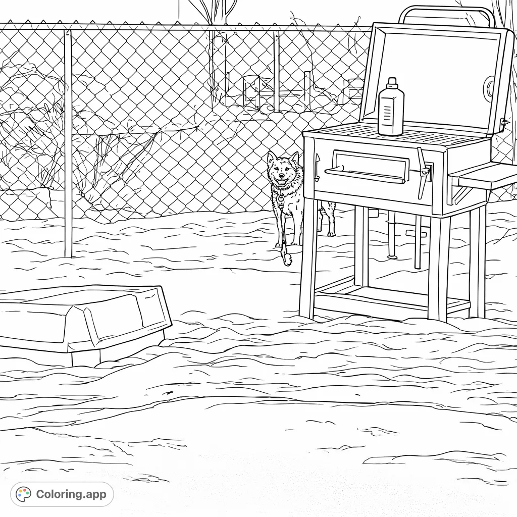 Explore a detailed winter backyard scene with a canine creature, an outdoor grill, and a fence, perfect for a snowy landscape coloring page adventure.