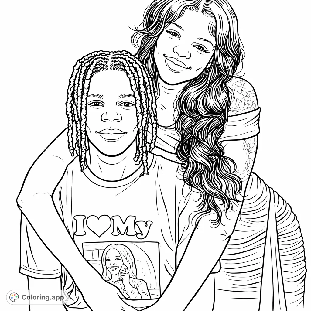 A heartfelt portrait of an embracing couple, featuring detailed hairstyles, clothing, and a subtle tattoo, perfect for expressive coloring.