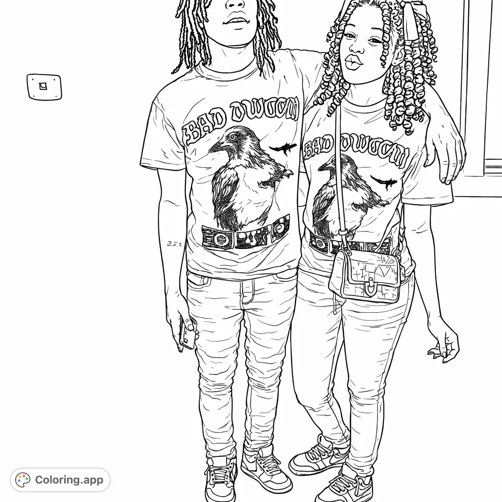 Two individuals in matching graphic tees and denim, striking a pose. A modern and expressive scene ready for creative coloring.