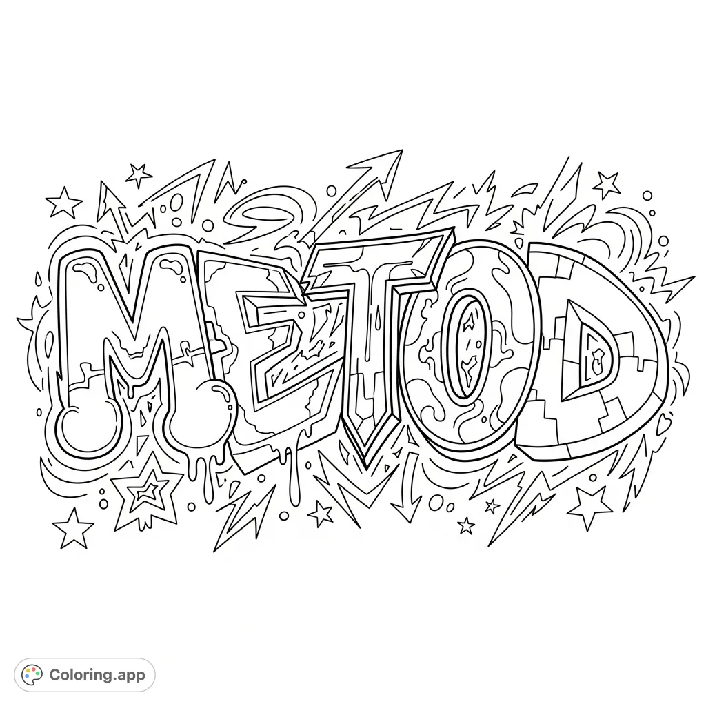 Explore a cool graffiti METOD coloring page. Dynamic lettering in various urban styles fills the entire canvas, perfect for unleashing your creativity and practicing advanced coloring techniques.