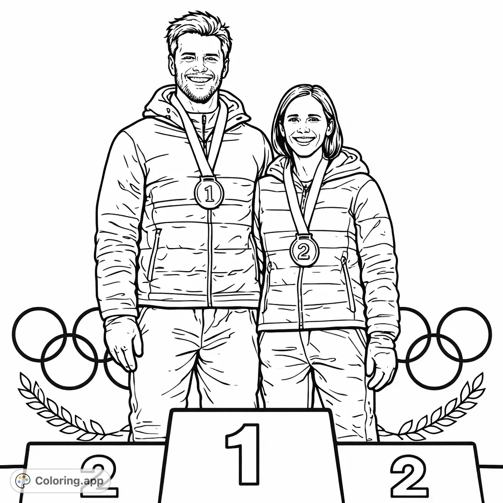 Celebrate athletic achievement with this winter olympic medal ceremony coloring page. Featuring adults on a podium with medals, it's a free printable for sports fans.