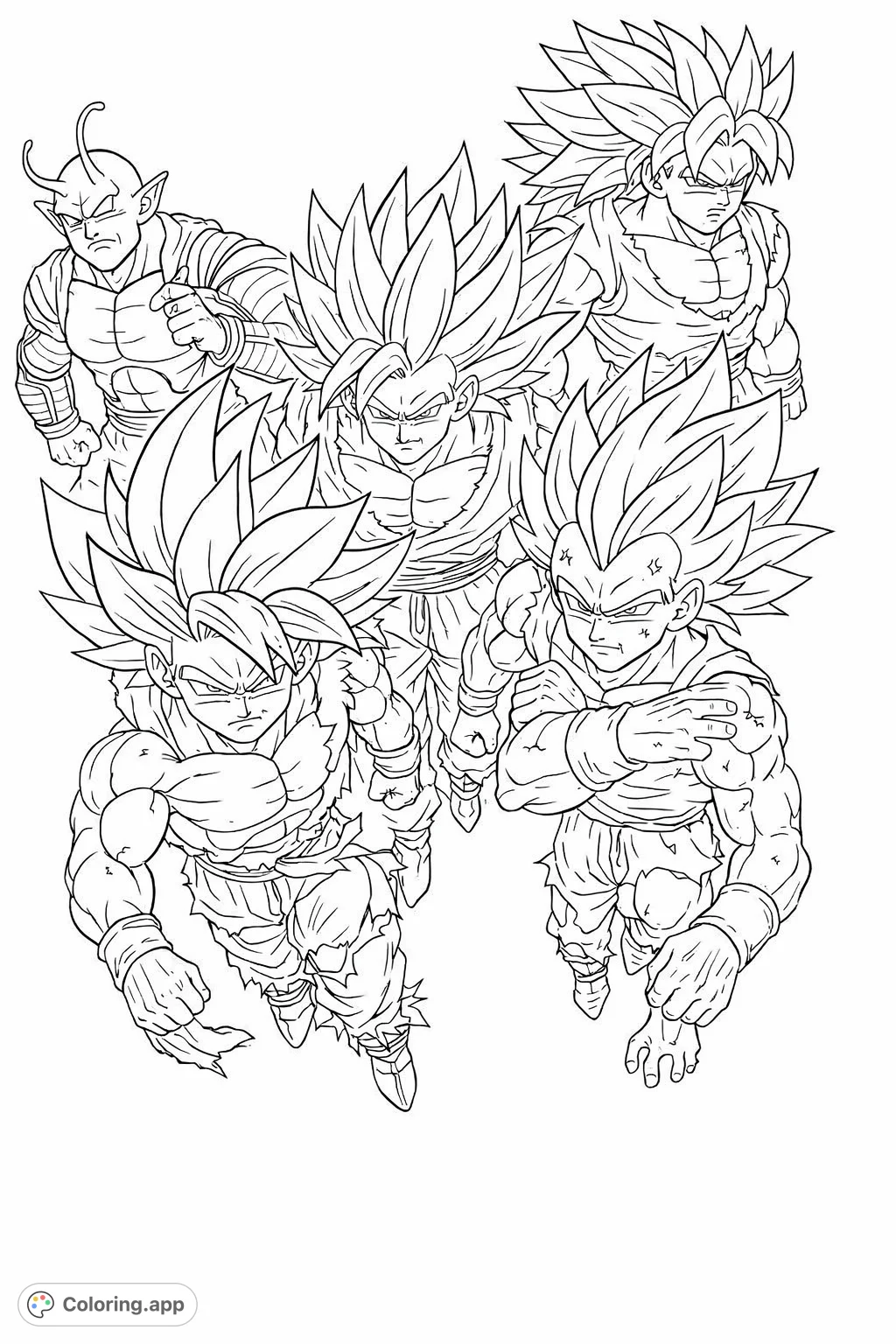 An action-packed anime coloring page featuring five legendary warriors with dynamic poses and fierce expressions, perfect for fans of epic sagas.