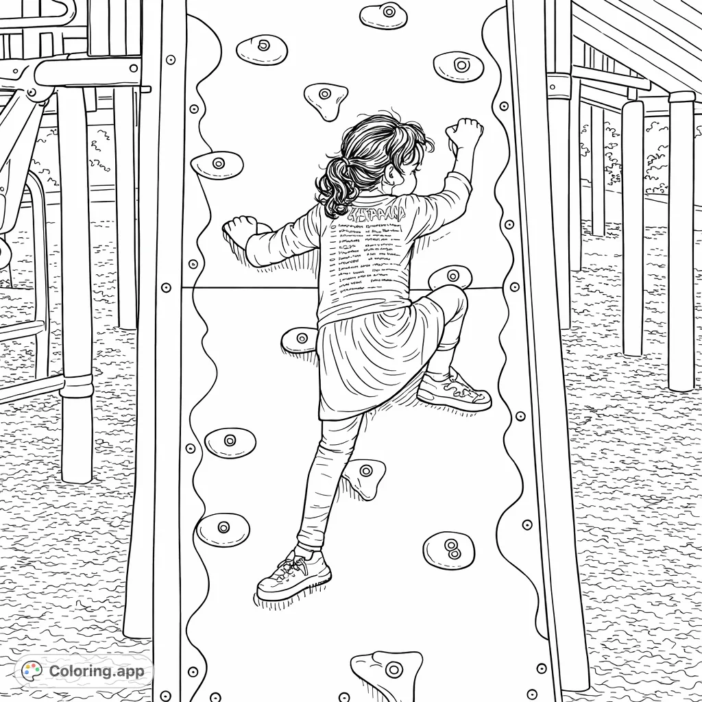 A child actively scaling a playground rock wall, surrounded by various play structures. Perfect for young adventurers and creative coloring fun.