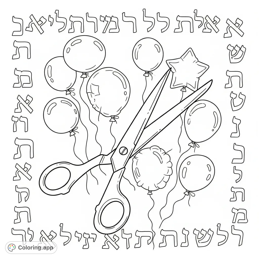Explore learning with this playful Alef Bais coloring page! Featuring scissors, festive balloons, and all Hebrew letters for creative educational fun.