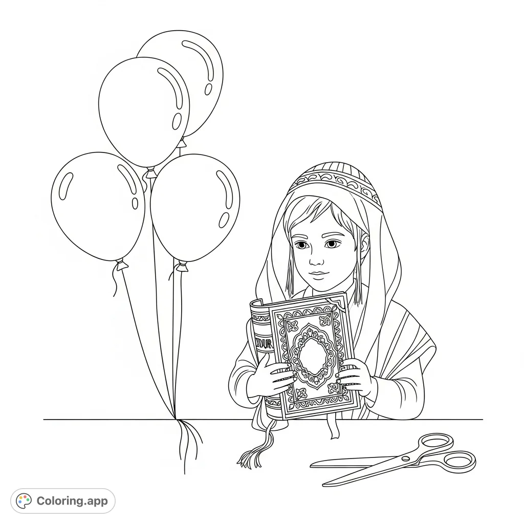 Explore a meaningful Jewish tradition scene featuring a Siddur, Yarmulka, Tzitzis, balloons, and scissors, perfect for cultural learning and celebration.