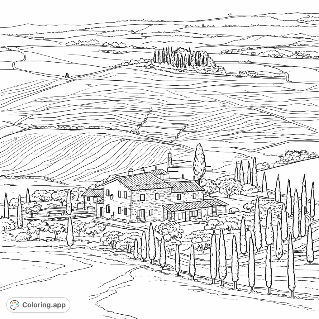 Explore the timeless beauty of a Tuscan landscape with a detailed farmhouse, cypress trees, and rolling hills. Perfect for relaxation and creative expression.