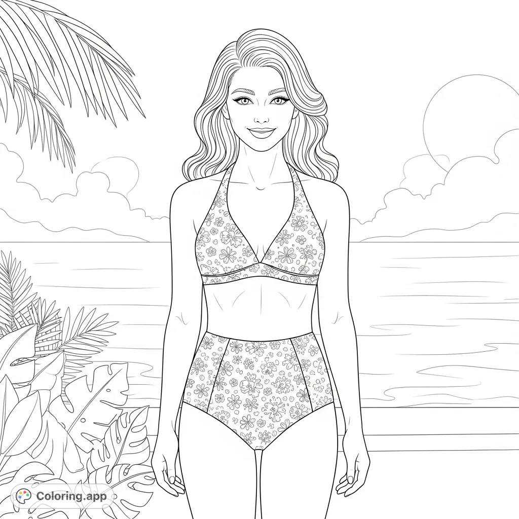 A graceful woman in a stylish bikini, ready for sun and relaxation. This detailed coloring page captures a vibrant, sun-kissed summer scene.