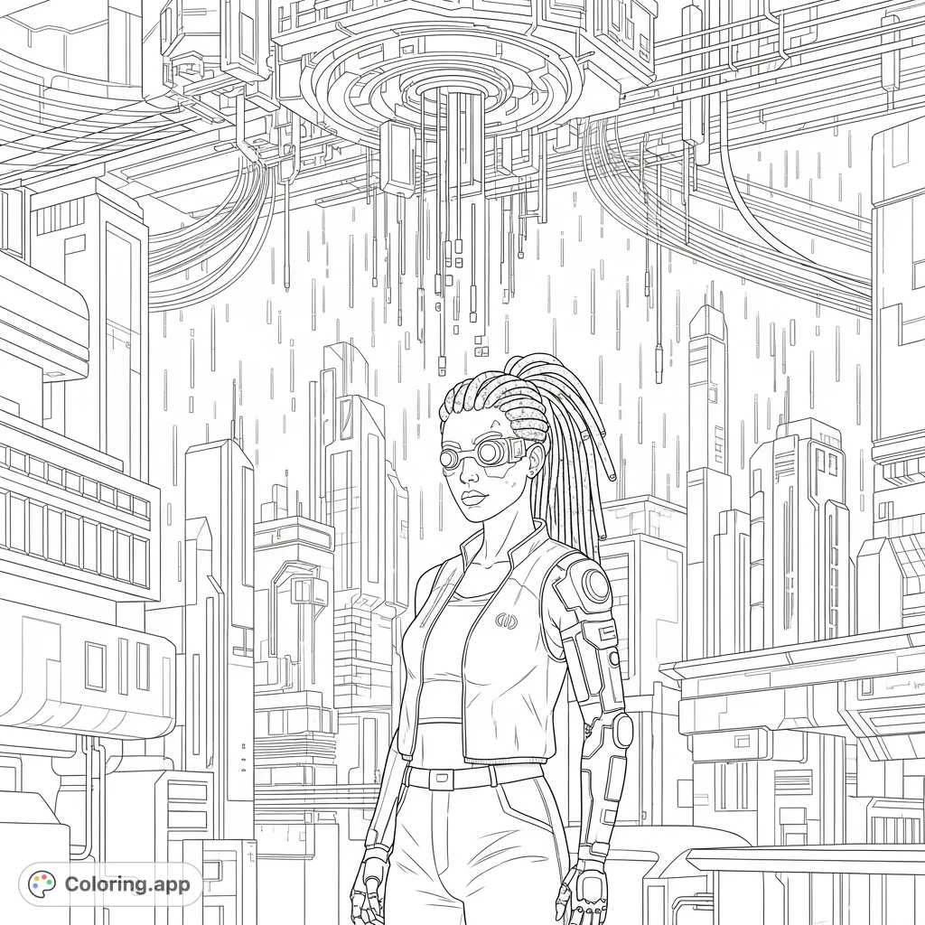 Explore a futuristic cyberpunk cityscape featuring a woman with dreadlocks and cybernetic enhancements amidst towering structures and cascading data streams.