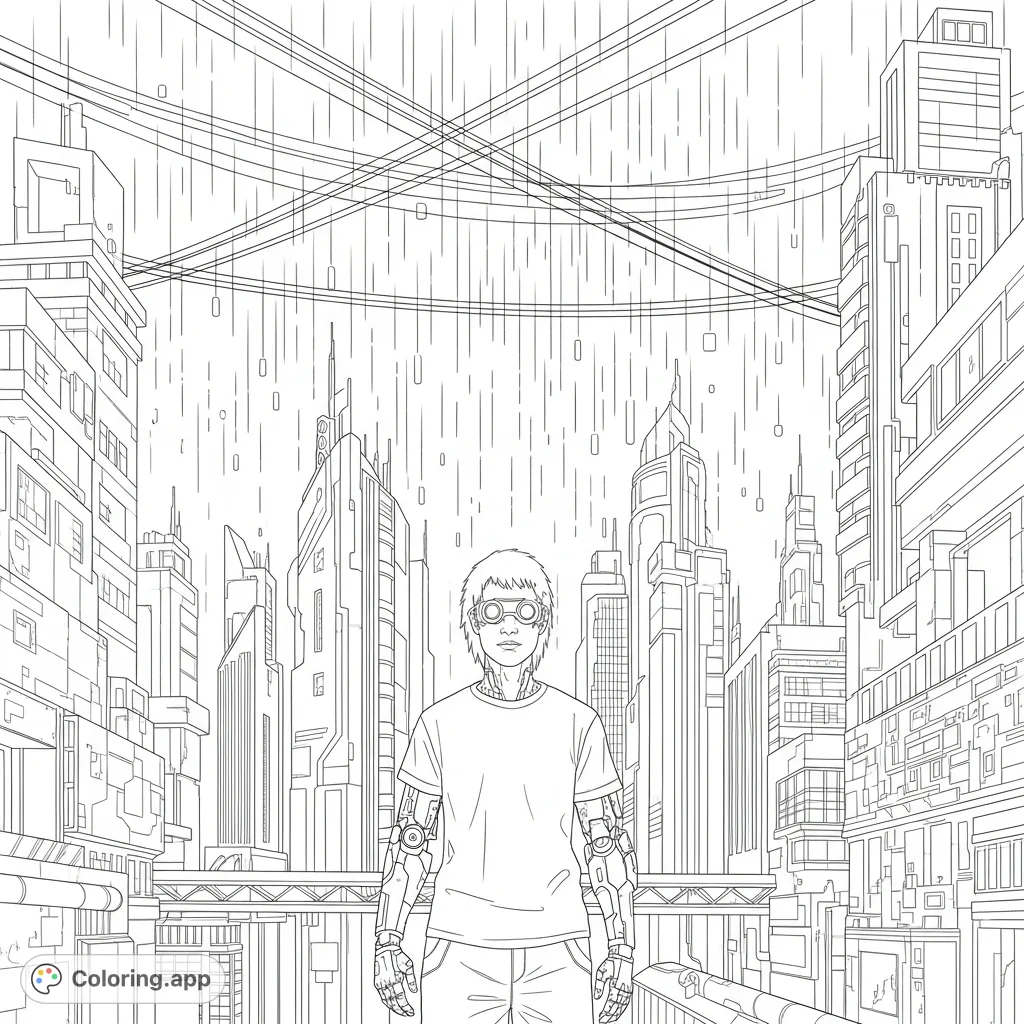 Immerse yourself in a futuristic cyberpunk cityscape coloring page, featuring a character with natural hair, cybernetic enhancements, intricate data streams, and falling data rain.