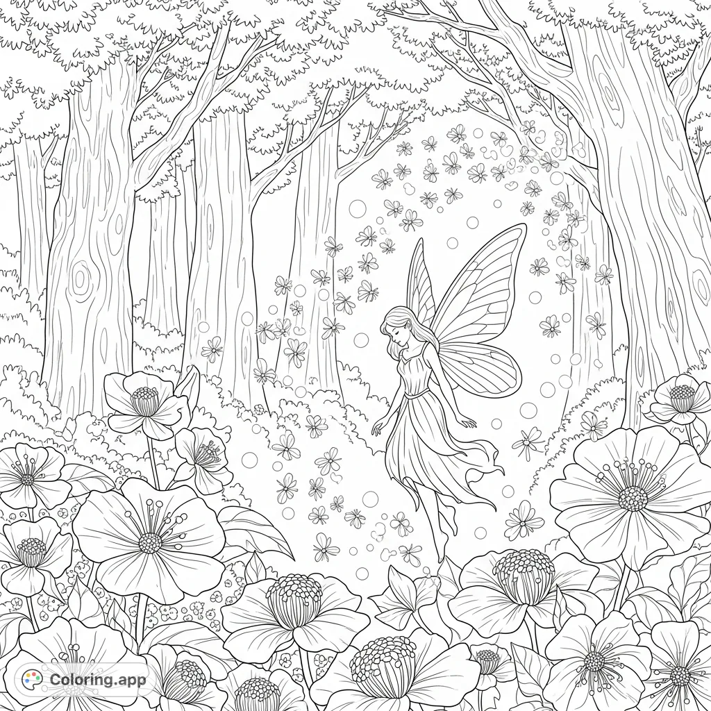 Discover a magical fantasy coloring page! A graceful fairy hovers amidst whispering flowers and a dazzling firefly swarm in an enchanted forest.