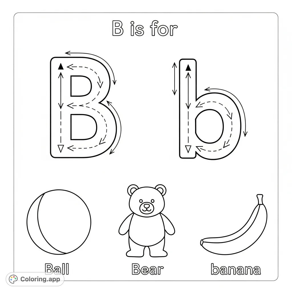 A delightful preschool alphabet page for the letter B, featuring tracing practice for uppercase and lowercase 'B' and fun illustrations of B-objects.
