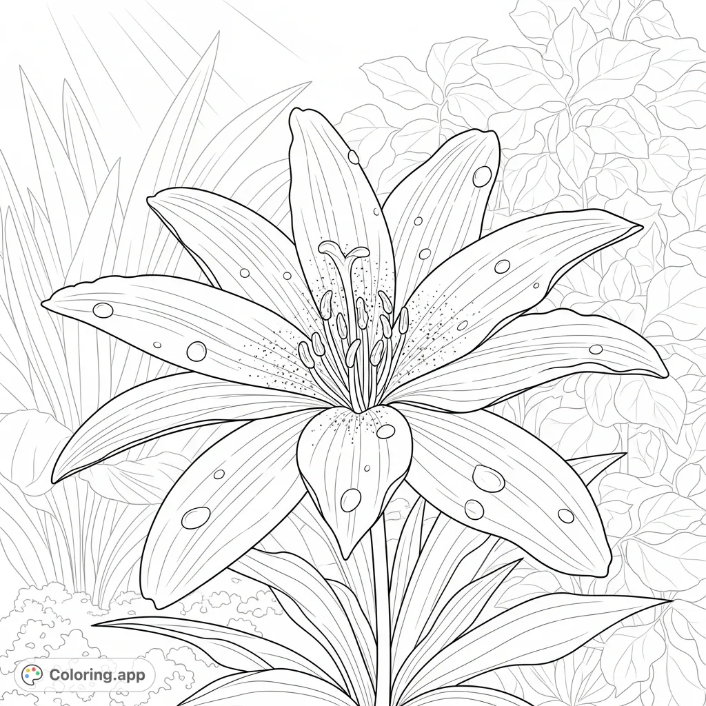 Capture the serene beauty of a detailed flower, adorned with glistening dew drops and soft garden foliage. A tranquil floral coloring page for all ages.