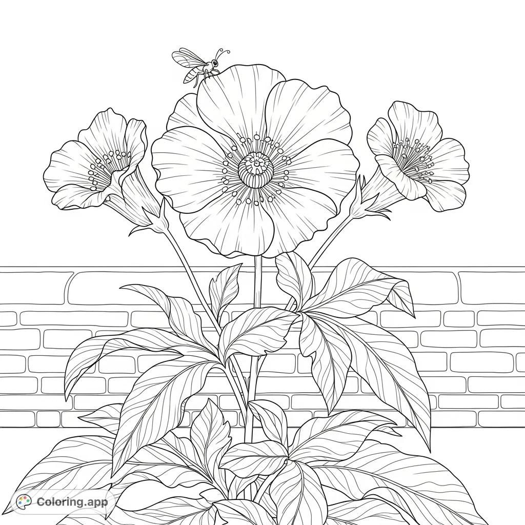 Discover a beautiful floral cluster with intricate petals, detailed leaves, and a hovering bee, set against a textured stone wall under an open sky.