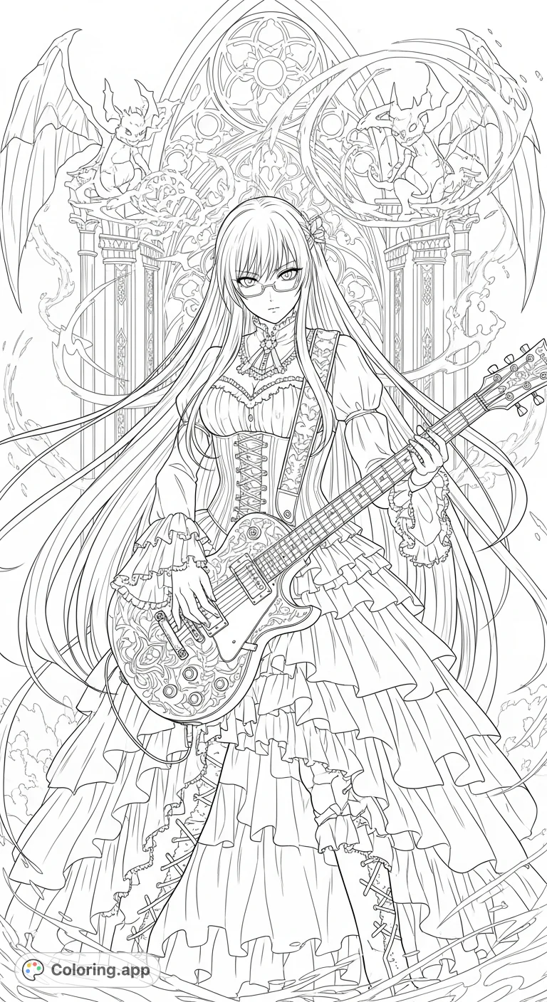 Unleash your creativity with this Gothic anime woman coloring page featuring a detailed electric guitar and intricate attire, set against an ornate background.