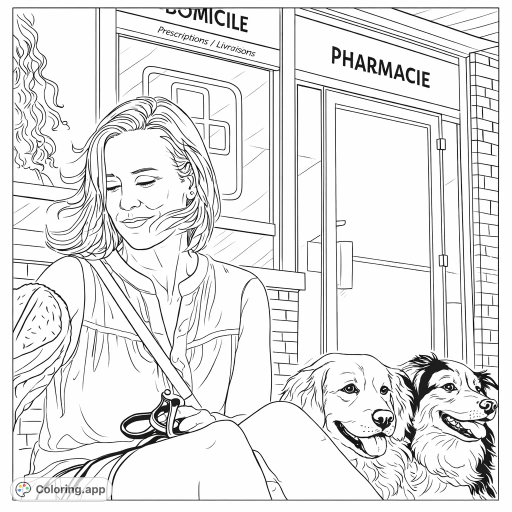 A serene woman shares a moment with two friendly dogs and a bird outside a pharmacy, offering a heartwarming scene for animal lovers and mindful coloring.