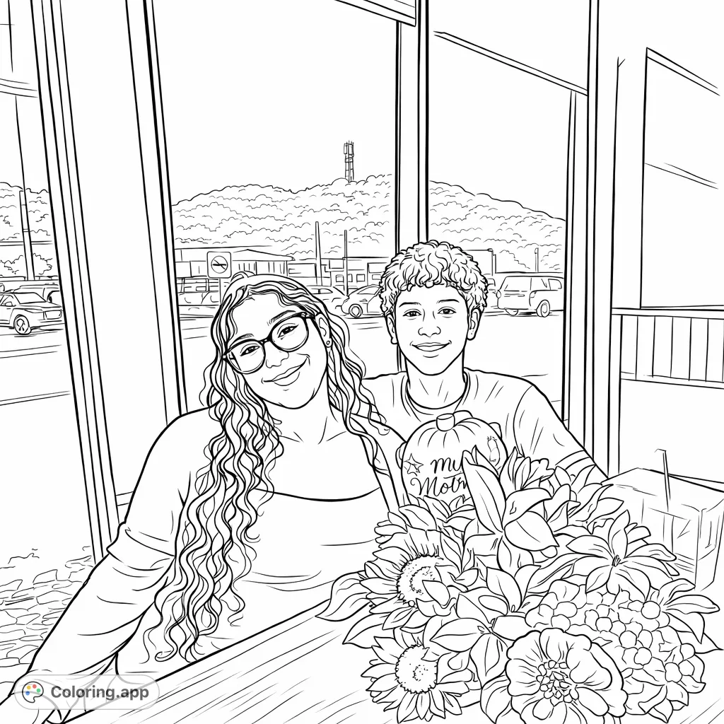 A cheerful couple smiles at a table adorned with a vibrant floral bouquet, set against an expansive window view of an outdoor landscape. A joyful scene.