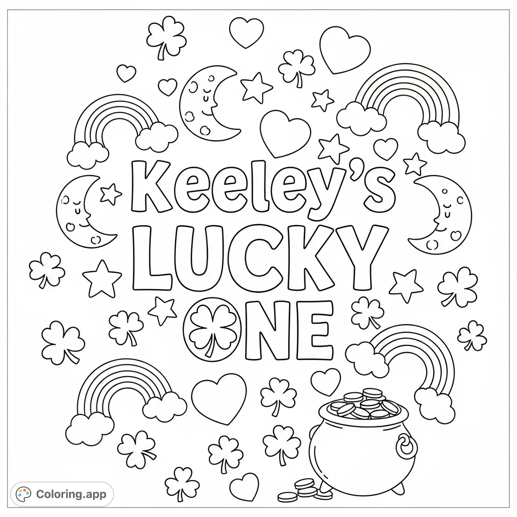 A cute and festive St. Patrick's Day coloring page for Keeley's birthday, featuring 'Lucky One' text with a shamrock 'o' amidst whimsical charm elements.