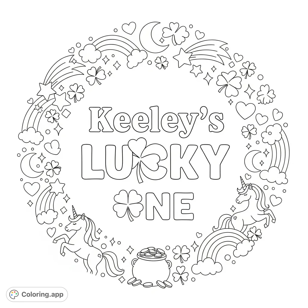 A whimsical St. Patrick's Day coloring page featuring 'Keeley's Lucky One' surrounded by shamrocks, stars, unicorns, and rainbows. A pot of gold completes the joyful scene.