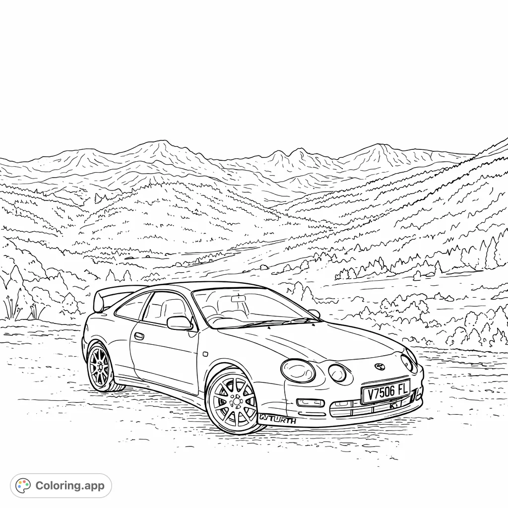 Color a sleek sports coupe parked against a breathtaking mountain backdrop with winding roads and dense forests, perfect for car enthusiasts and nature lovers.