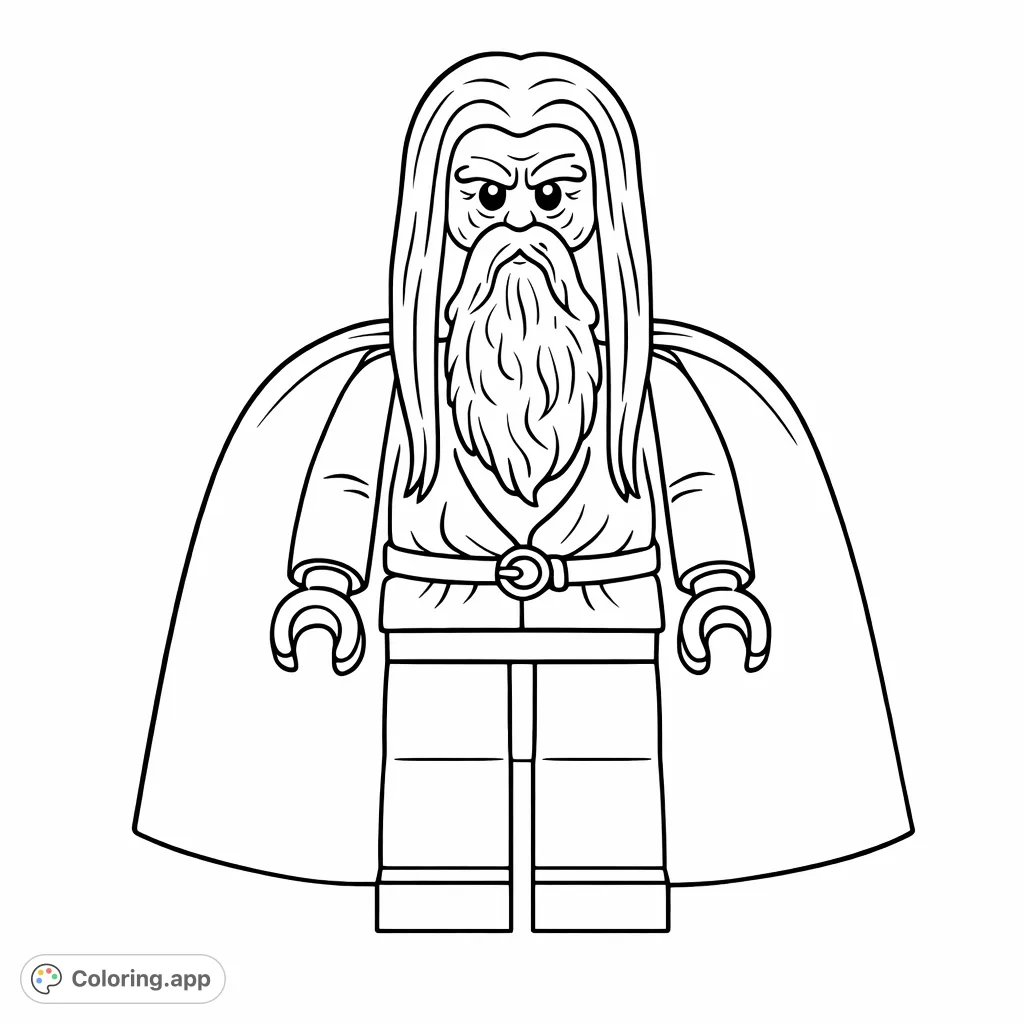 A wise wizard minifigure with flowing hair and beard, wearing a robe and cape, ready for a magical adventure in your imagination. A fun Lego-inspired coloring page.