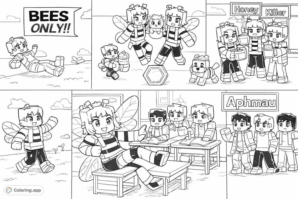 A delightful collection of blocky characters in playful bee costumes, engaging in honey-filled adventures and classroom scenes. A free printable coloring page.