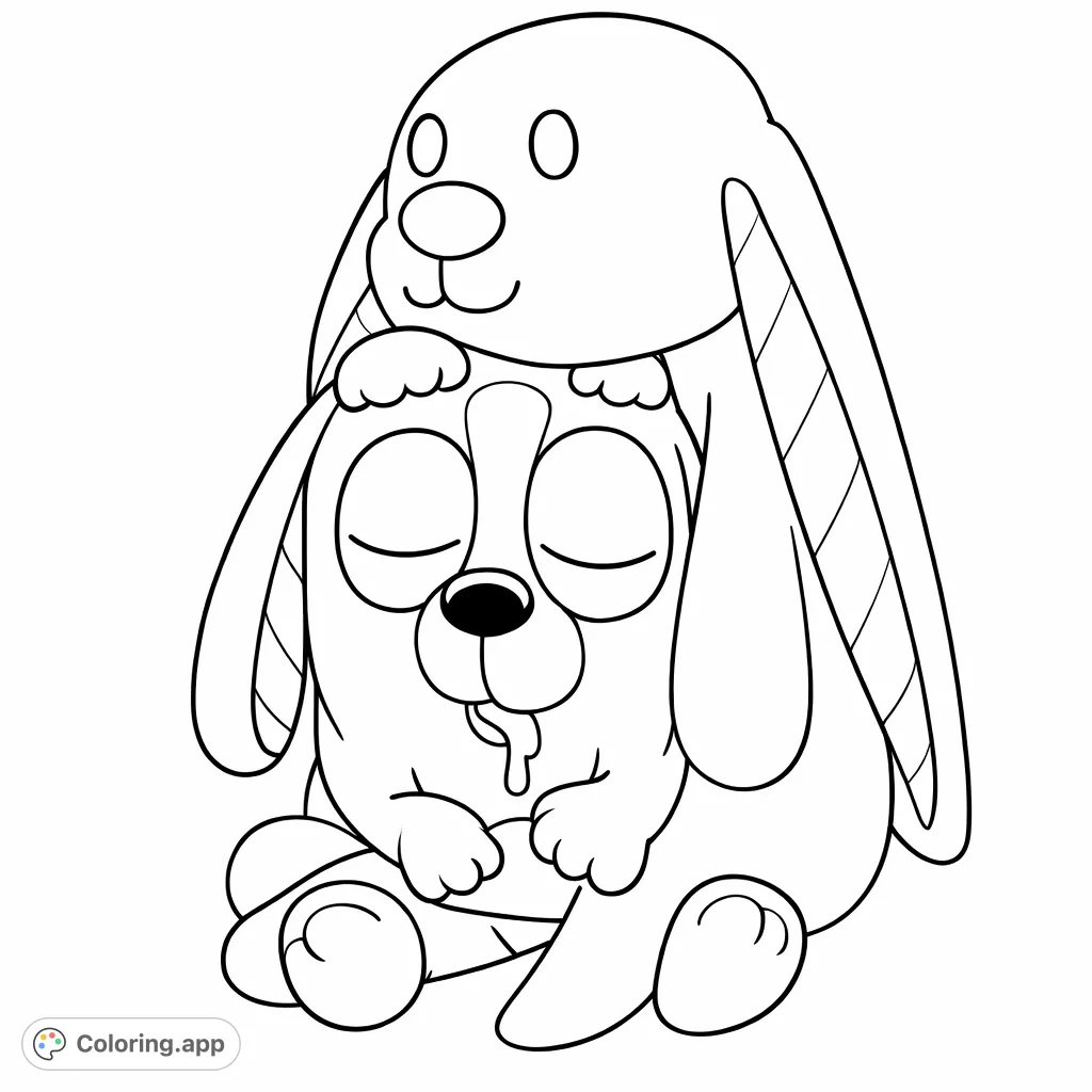 A heartwarming scene of a beloved cartoon dog character peacefully sleeping while cuddling a large, soft stuffed bunny toy, perfect for a cozy coloring moment.