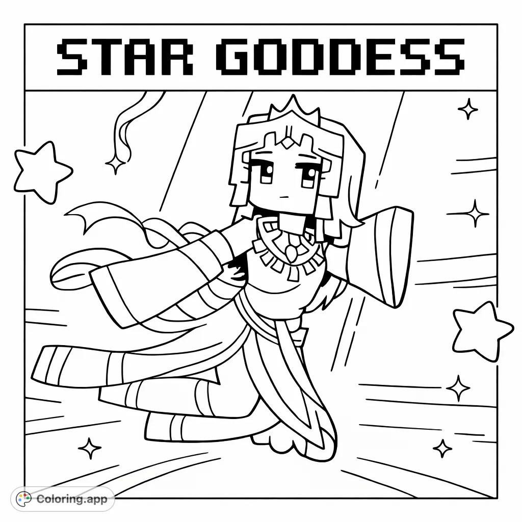 Color a blocky star goddess in a dynamic pose, adorned with a crown and flowing attire, set against an abstract cosmic backdrop with glowing shapes and floating stars.