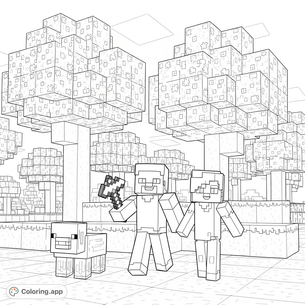 A fun Minecraft coloring page featuring Steve, Alex, and a pig in a beautiful cherry blossom biome. Perfect for fans of the game.