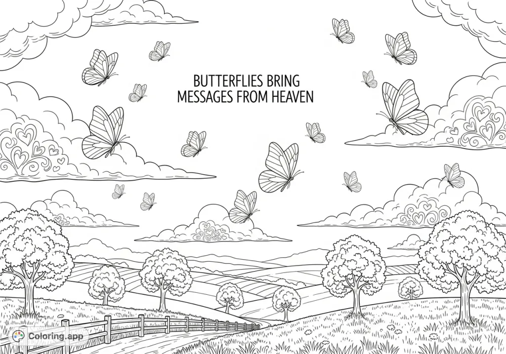 Discover peace in this free printable heavenly butterflies coloring page, featuring graceful butterflies, serene clouds, and a tranquil country landscape.