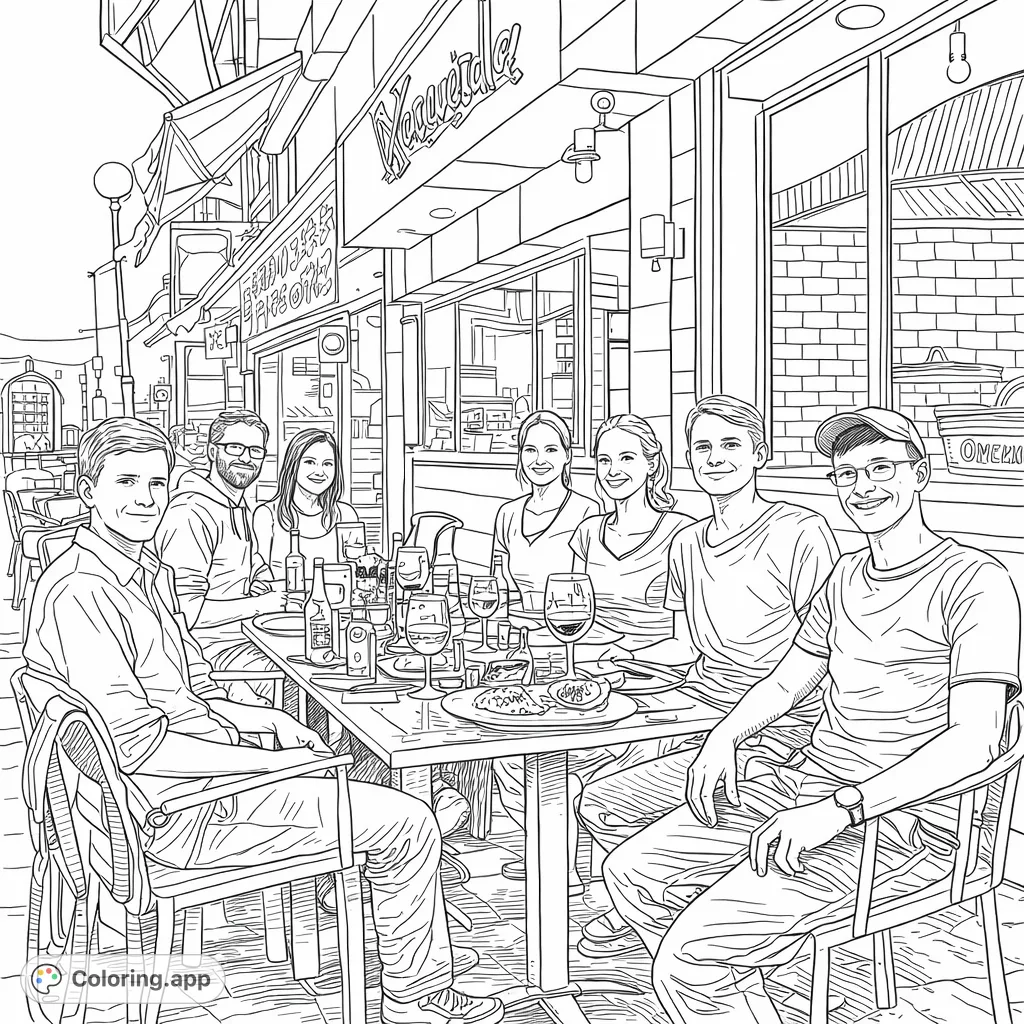 Gather around this detailed scene of friends and family enjoying an outdoor meal at a bustling restaurant. Perfect for a relaxing coloring experience.
