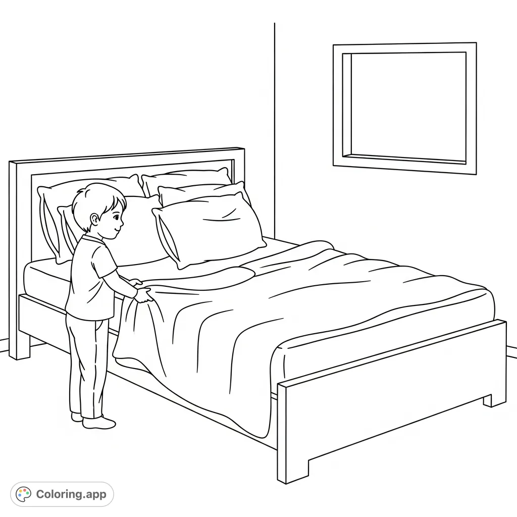 A heartwarming coloring page featuring a child diligently making a bed, promoting responsibility and daily routines. A simple, inviting scene for young colorists.