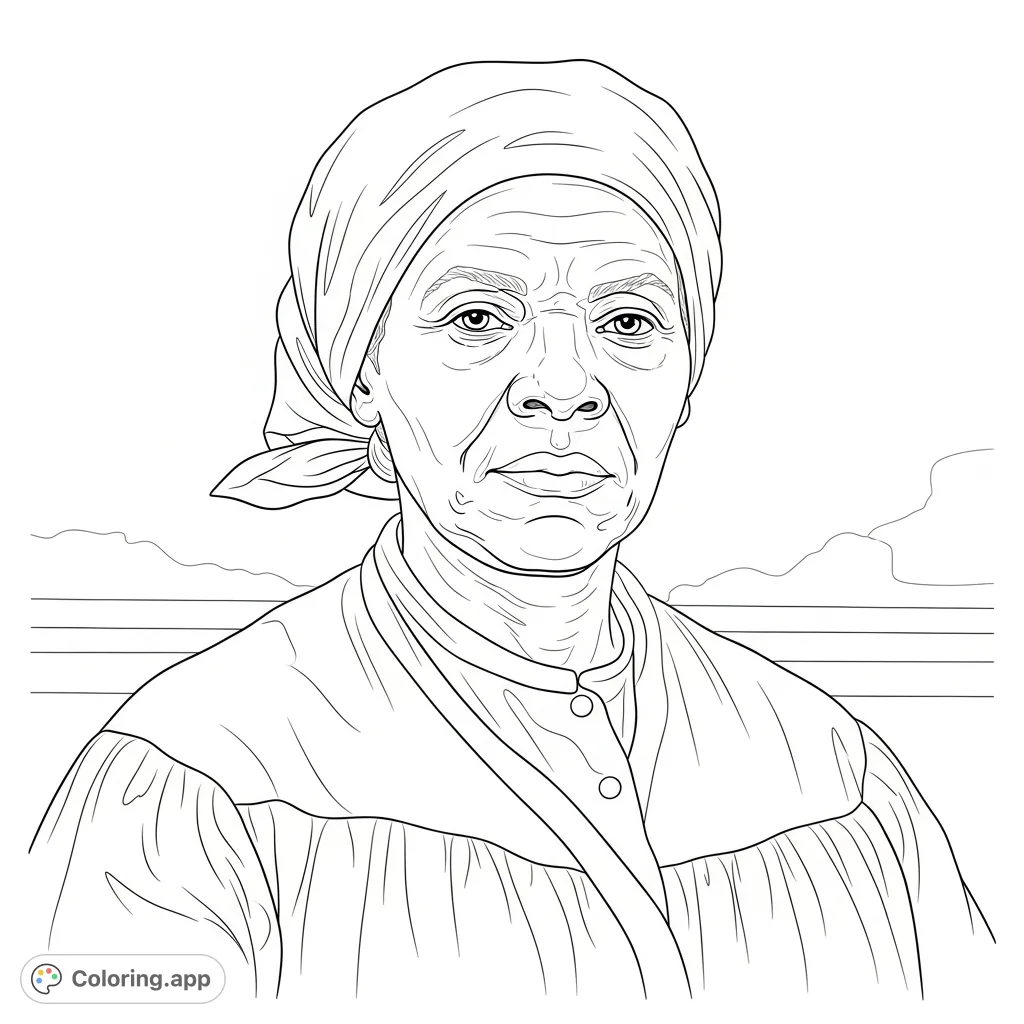 A powerful portrait of Harriet Tubman, the iconic conductor and abolitionist. Honor her legacy with this inspiring historical figure coloring page, perfect for all ages.