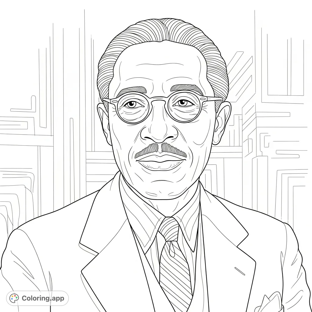 A detailed portrait of Langston Hughes, the influential poet, inviting a thoughtful coloring experience for literature enthusiasts and history buffs.