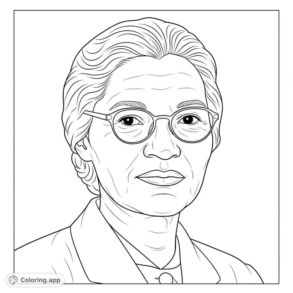 A detailed portrait of civil rights icon Rosa Parks, captured in a moment of calm strength and determination, perfect for reflective coloring.