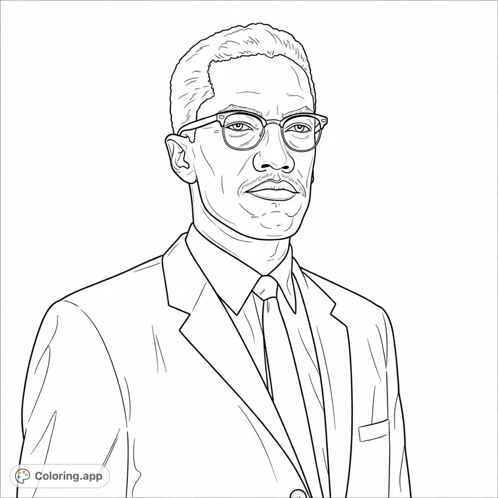 A powerful portrait of Malcolm X, the influential civil rights leader, captured with a dignified expression. Perfect for history enthusiasts and aspiring portrait artists.