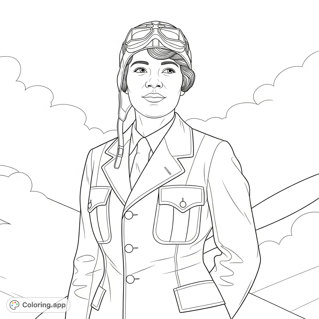 A powerful Bessie Coleman coloring page, depicting the pioneering aviator in her classic uniform, ready for flight. Celebrate history and inspire dreams.