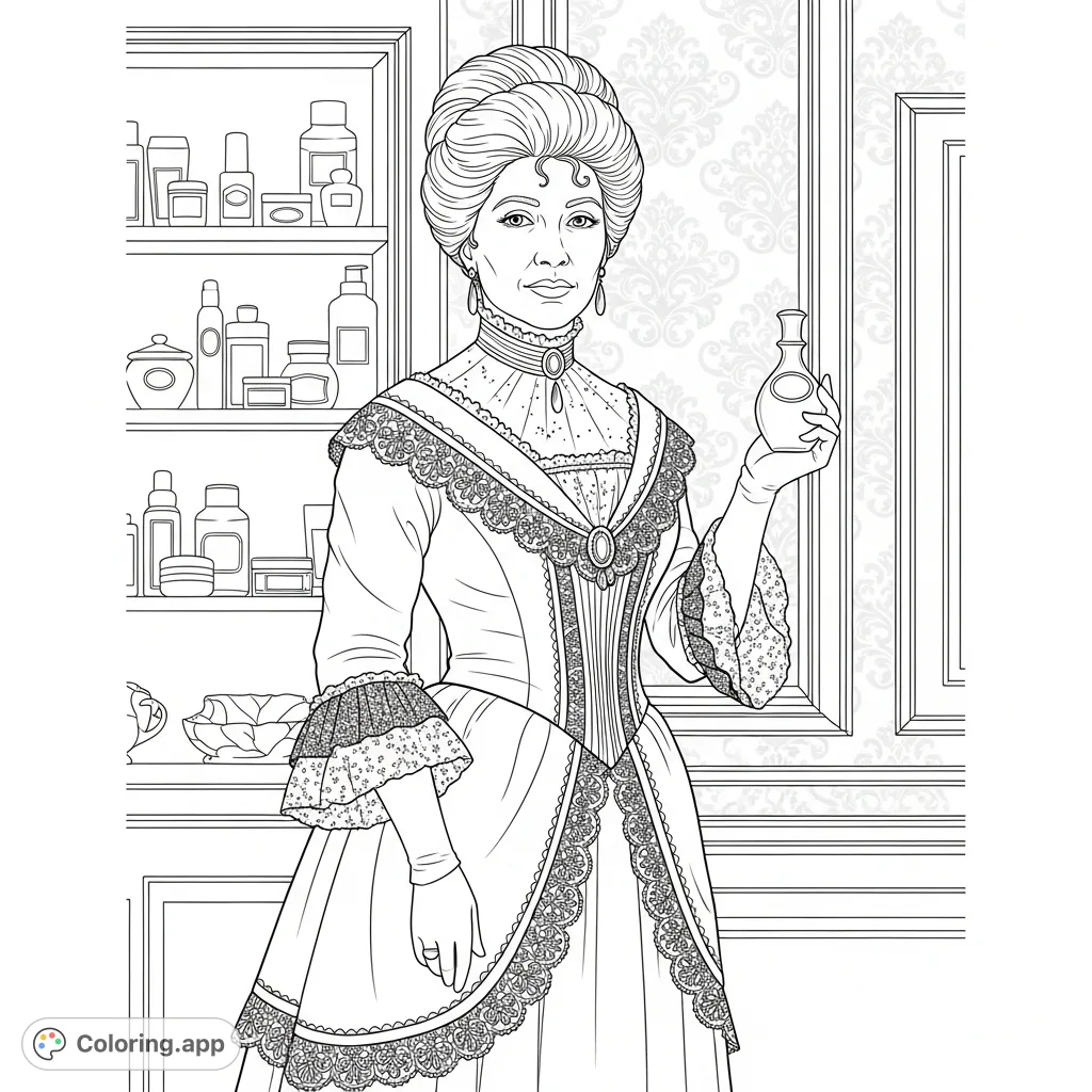 A captivating coloring page of Madam C.J. Walker, an iconic entrepreneur, depicted in elegant attire with her signature products, inspiring creativity and historical learning.