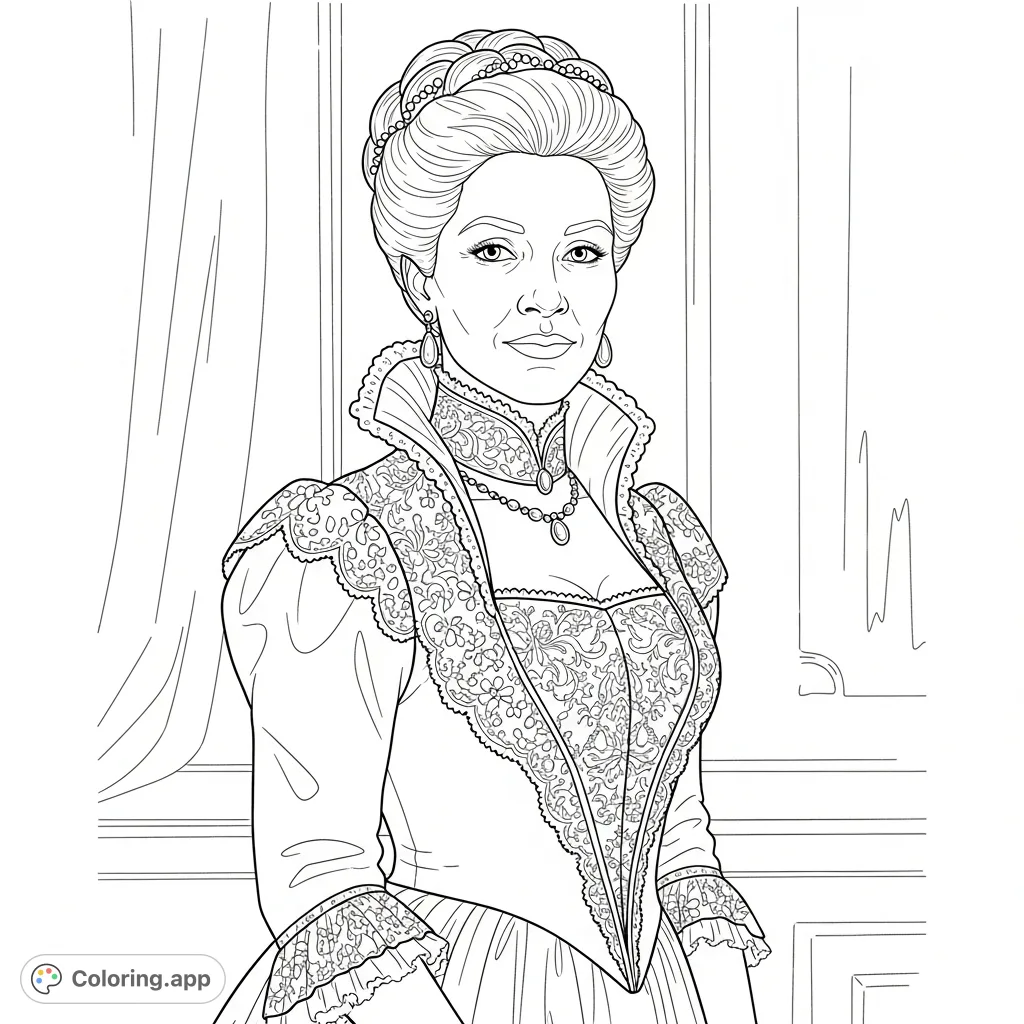 Honor Madam C.J. Walker with this elegant portrait coloring page. Features her dignified expression, intricate attire, and classic hairstyle.