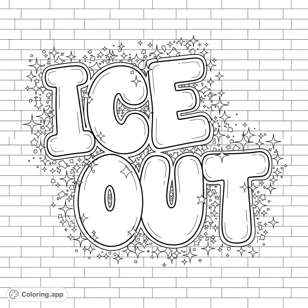 A dynamic graffiti coloring page featuring "ICE OUT" in bold bubble letters on a brick wall, adorned with sparkling elements. Perfect for urban art enthusiasts.