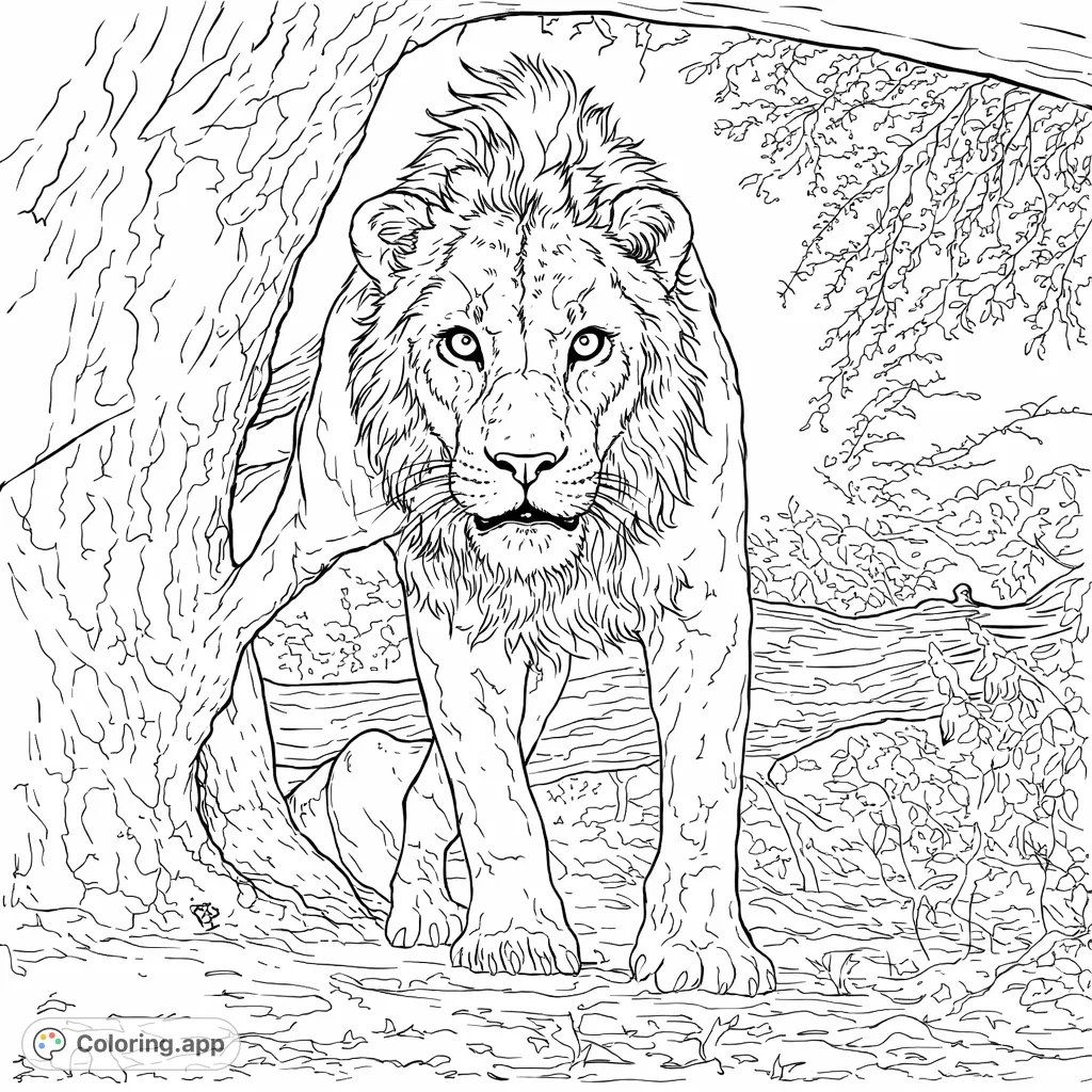 A majestic lion stands with a powerful gaze, its detailed mane and features captured against a natural, tree-filled backdrop. An engaging wildlife coloring page.