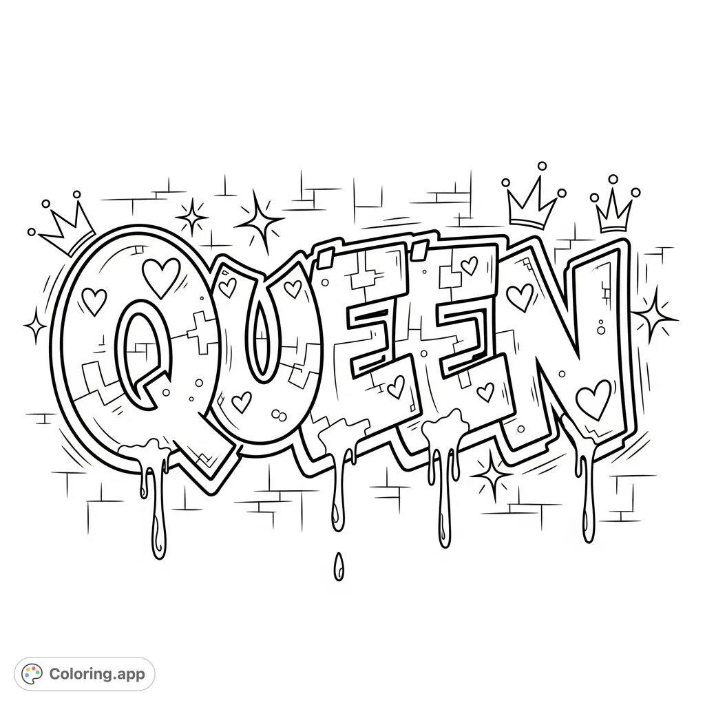 A dynamic "Queen" graffiti lettering with exaggerated bubble forms, sharp extensions, paint drips, starbursts, and crown motifs against a textured urban wall.