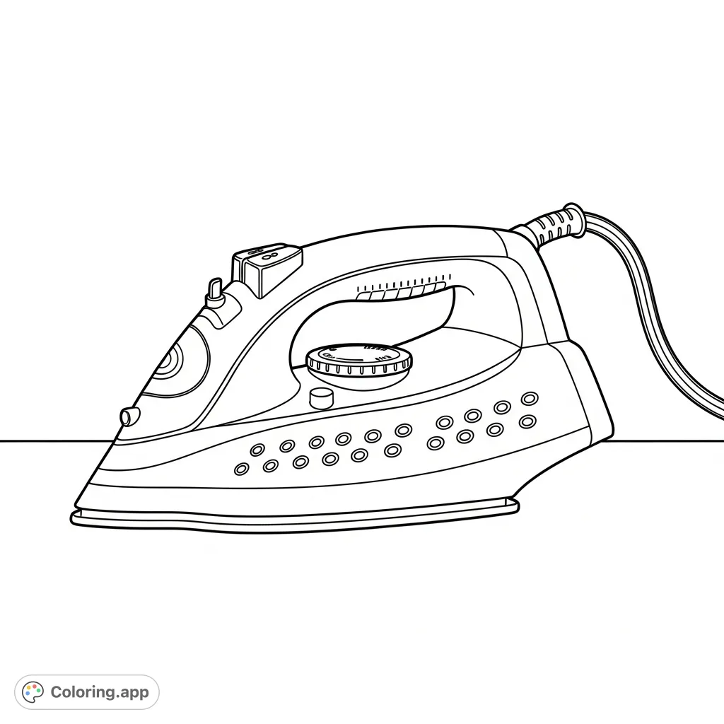 A detailed classic clothing iron on a smooth surface, featuring its ergonomic handle, soleplate with steam vents, control dial, and power cord. Perfect for a household item coloring page.