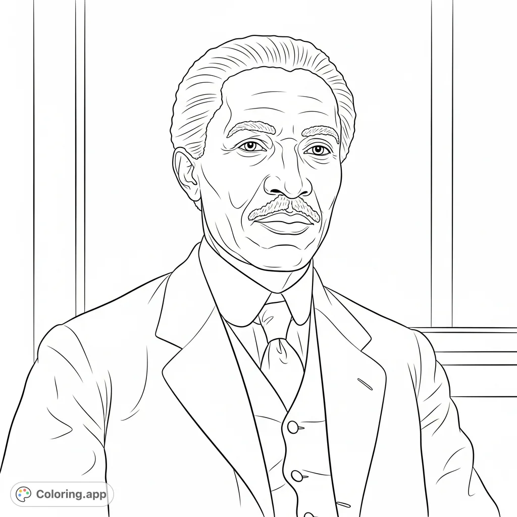 A dignified George Washington Carver portrait coloring page. Explore history and creativity with this free printable featuring the renowned scientist and inventor.