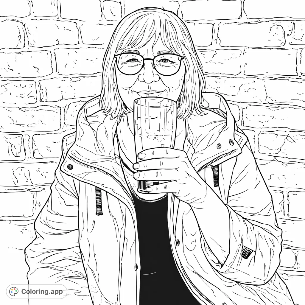 A cheerful woman with spectacles enjoys a pint against a textured brick wall. Perfect for adult colorists seeking a relaxed, realistic scene.