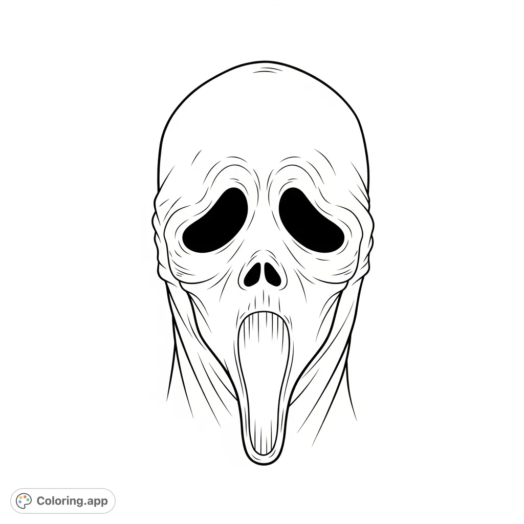 A chilling close-up of Ghostface's iconic mask, featuring detailed fabric texture and ominous, hollowed eyes against a stark backdrop. Perfect for horror fans.