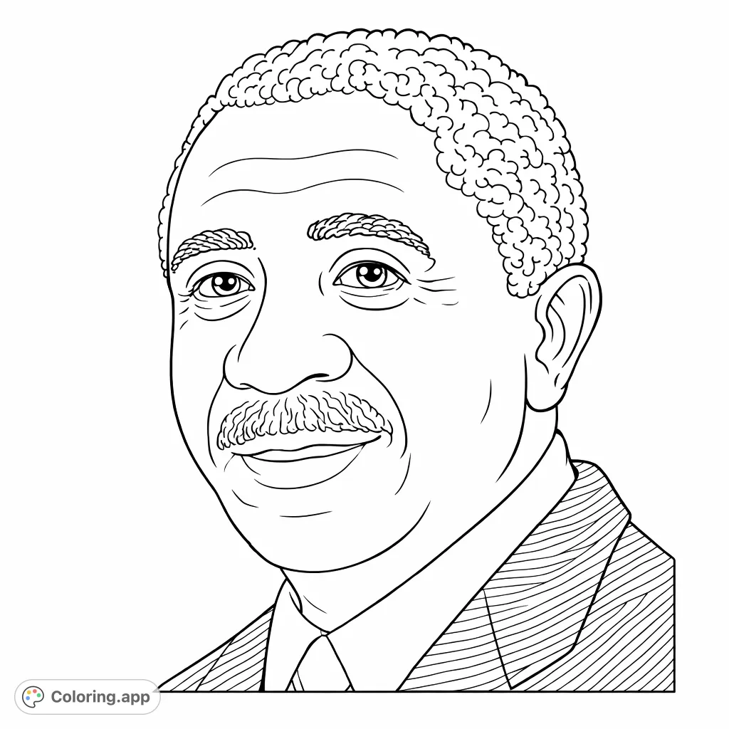 Color a distinguished man with curly hair and a mustache. This portrait offers a relaxing coloring experience, perfect for detail work and expression.