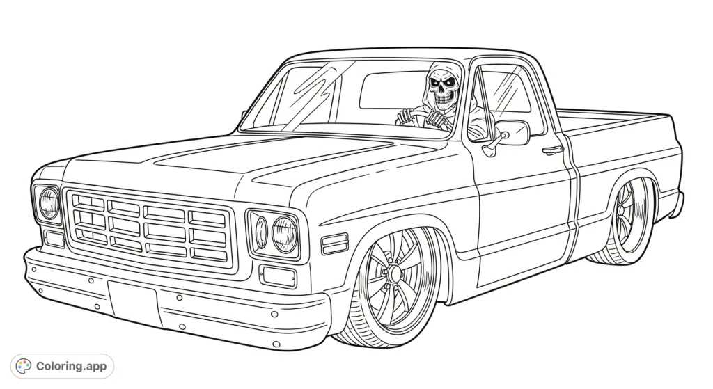 Color a classic American pick-up truck driven by a mysterious skeletal figure in a hooded cloak, featuring custom wheels and intricate details.